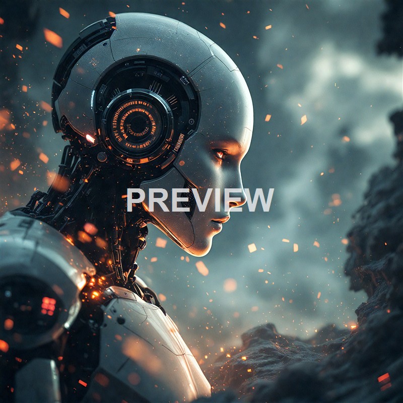 A highly detailed futuristic humanoid robot with a sleek metallic face and glowing orange accents, set against a stormy, smoky background with sparks flying around.